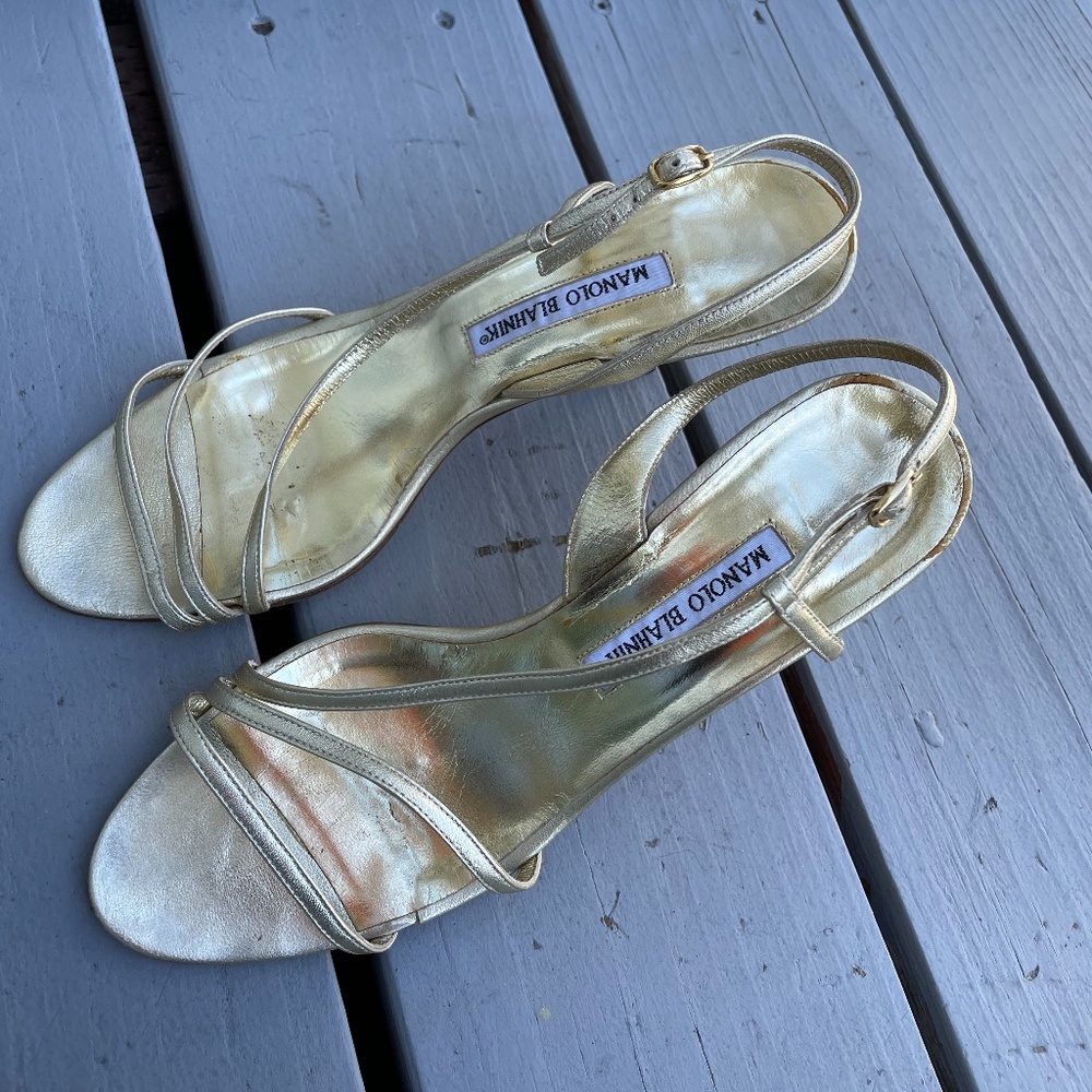 Manolo Blahnik Strappy Sandal Heels Gold
